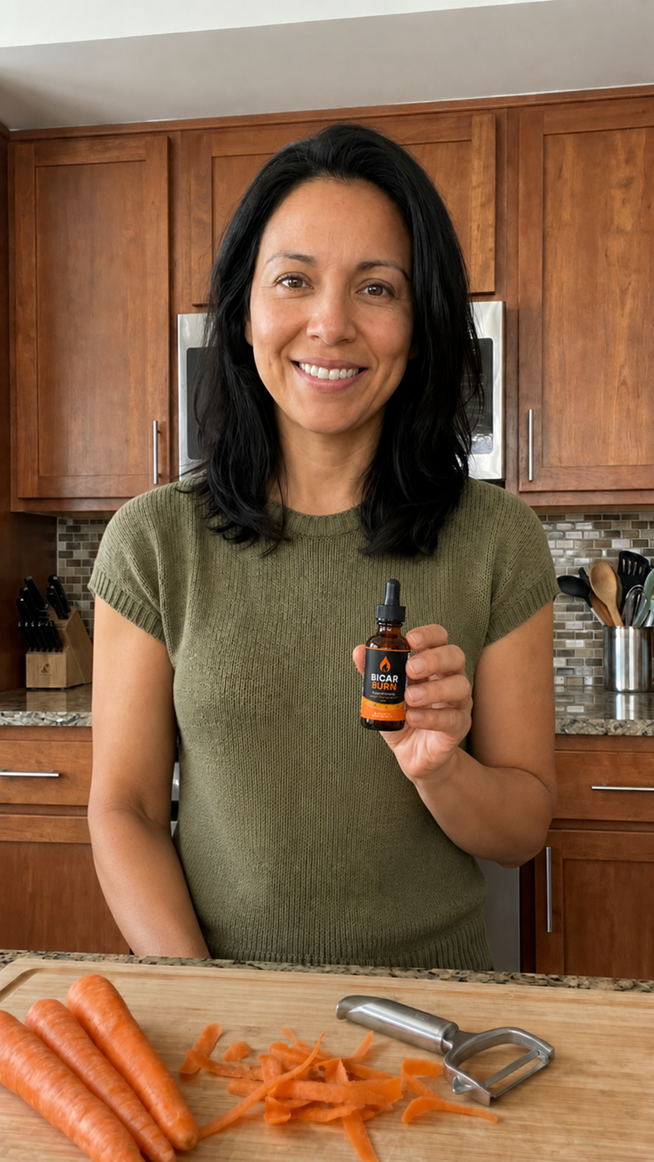 Woman holding Bicar Burn bottle